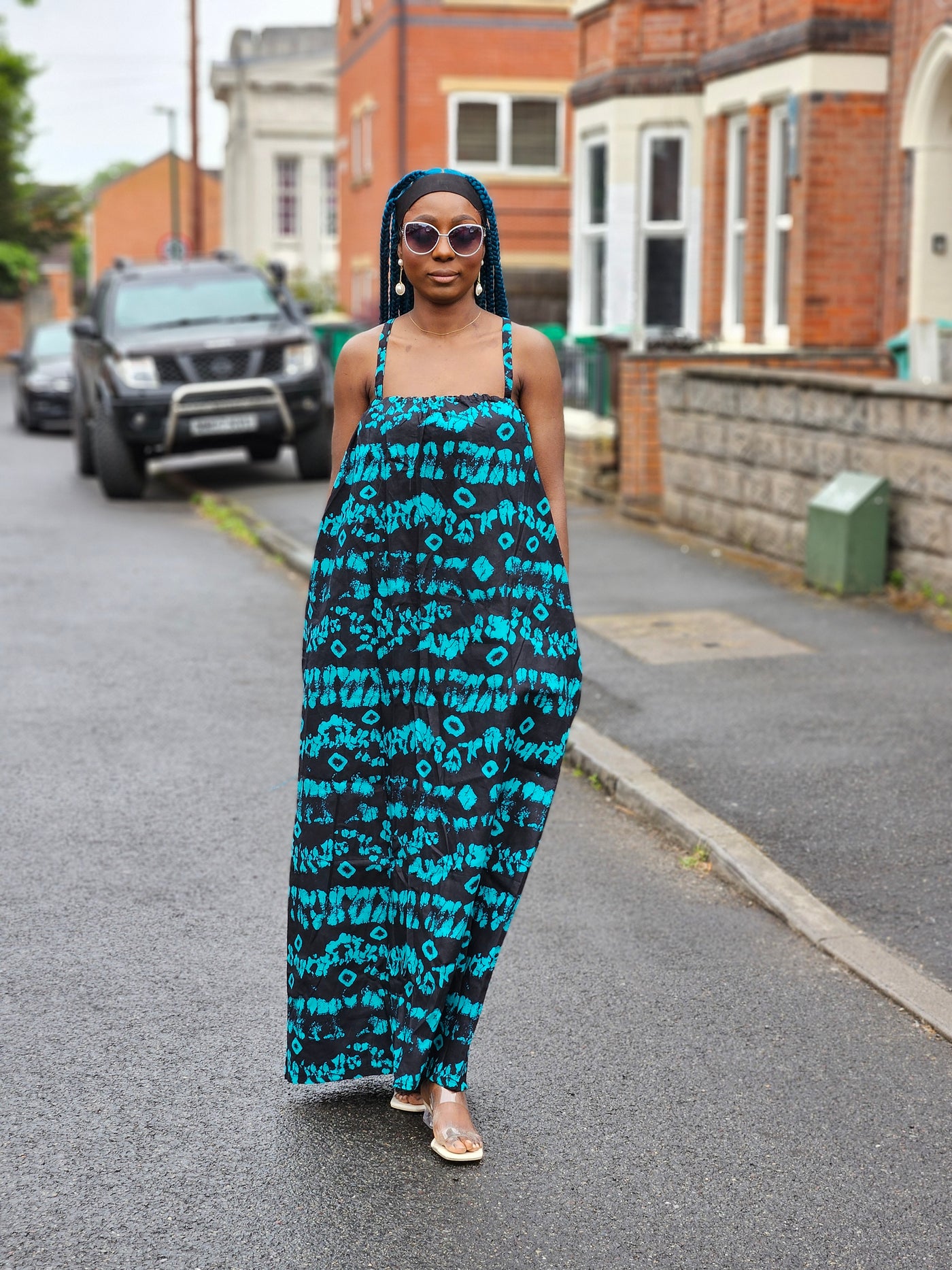 UGOMMA AFRICAN PRINT SUMMER MAXI DRESS (BLUE & BLACK)