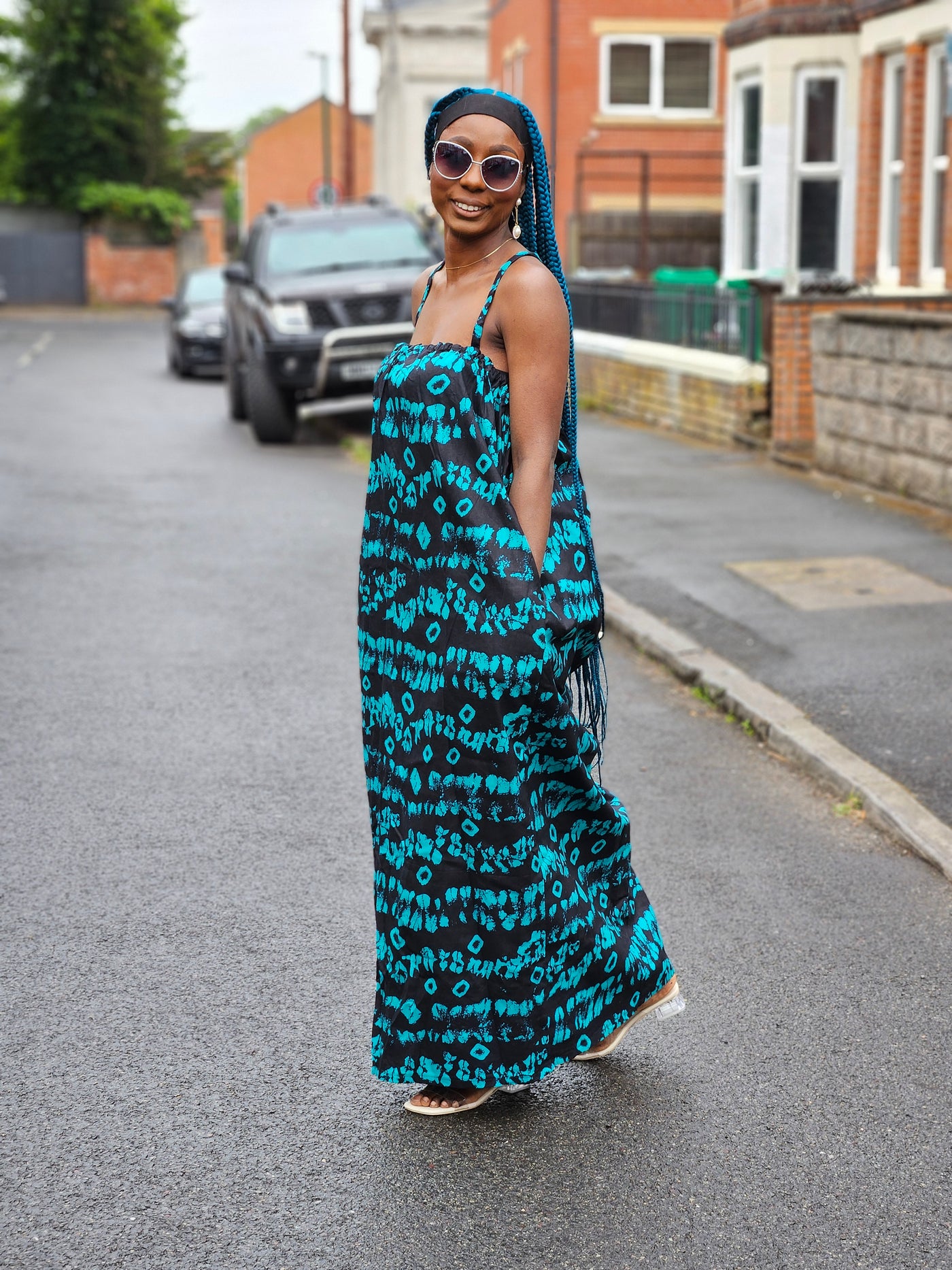 UGOMMA AFRICAN PRINT SUMMER MAXI DRESS (BLUE & BLACK)