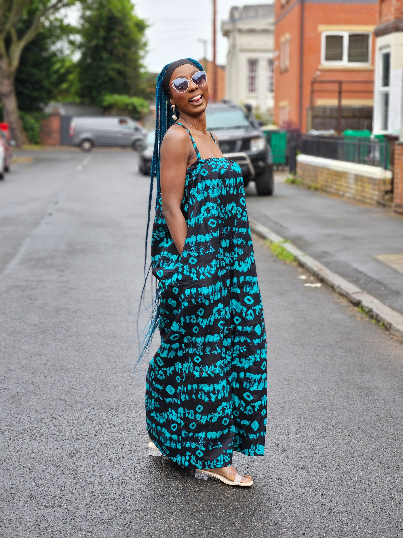 UGOMMA AFRICAN PRINT SUMMER MAXI DRESS (BLUE & BLACK)