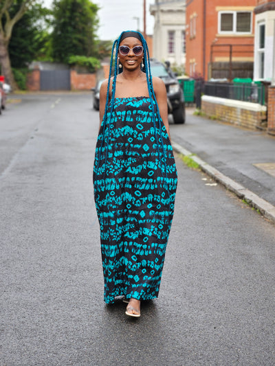 UGOMMA AFRICAN PRINT SUMMER MAXI DRESS (BLUE & BLACK)