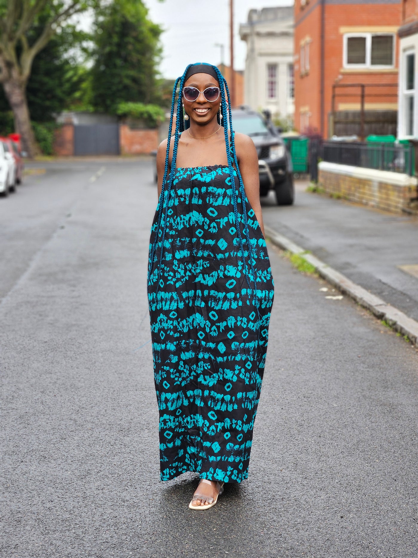 UGOMMA AFRICAN PRINT SUMMER MAXI DRESS (BLUE & BLACK)