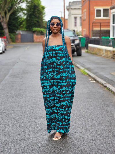 UGOMMA AFRICAN PRINT SUMMER MAXI DRESS (BLUE & BLACK)