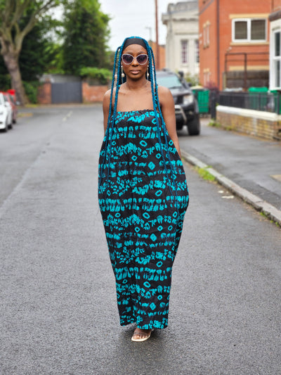 UGOMMA AFRICAN PRINT SUMMER MAXI DRESS (BLUE & BLACK)