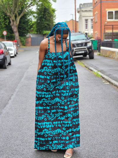 UGOMMA AFRICAN PRINT SUMMER MAXI DRESS (BLUE & BLACK)