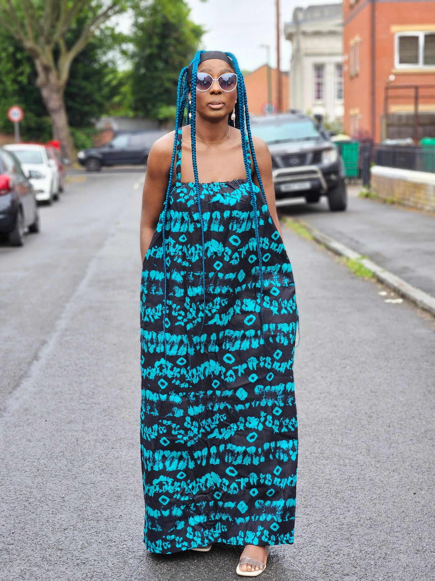 UGOMMA AFRICAN PRINT SUMMER MAXI DRESS (BLUE & BLACK)