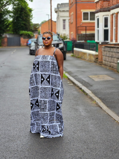 UGOMMA AFRICAN PRINT SUMMER MAXI DRESS (BLACK & WHITE)