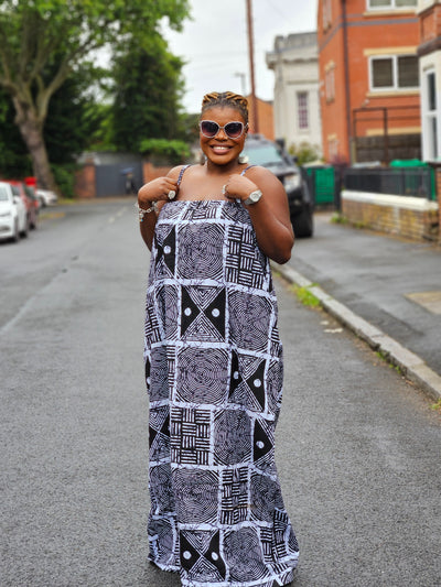 UGOMMA AFRICAN PRINT SUMMER MAXI DRESS (BLACK & WHITE)