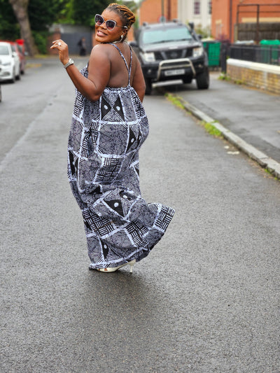 UGOMMA AFRICAN PRINT SUMMER MAXI DRESS (BLACK & WHITE)