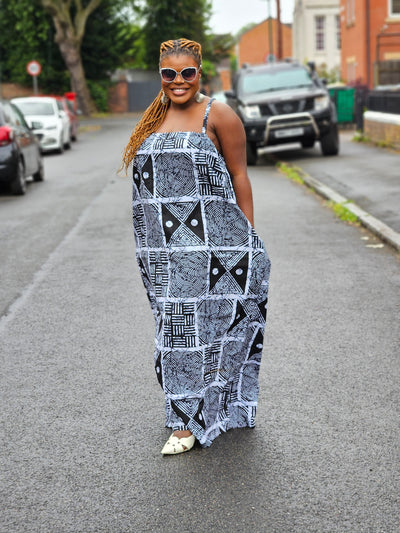 UGOMMA AFRICAN PRINT SUMMER MAXI DRESS (BLACK & WHITE)