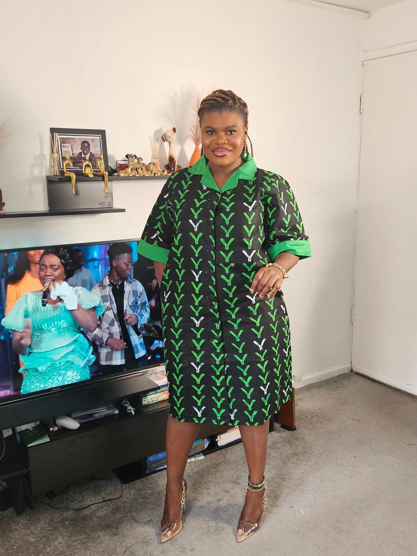 CLASSY MIDI AFRICAN PRINT SHIRT DRESS (GREEN)