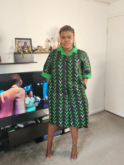 CLASSY MIDI AFRICAN PRINT SHIRT DRESS (GREEN)