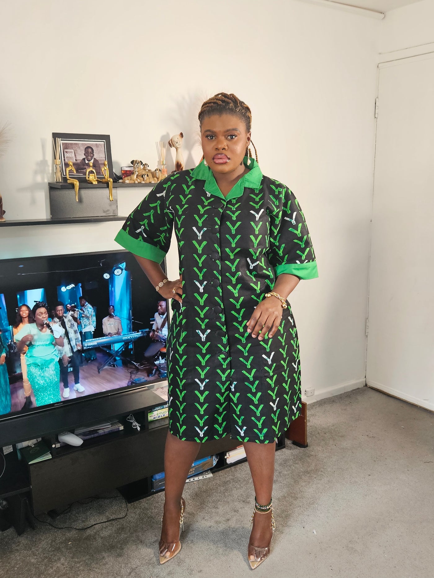 CLASSY MIDI AFRICAN PRINT SHIRT DRESS (GREEN)