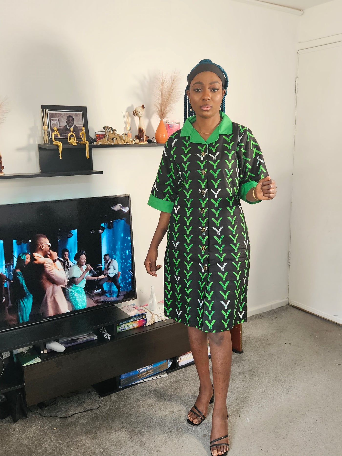 CLASSY MIDI AFRICAN PRINT SHIRT DRESS (GREEN)