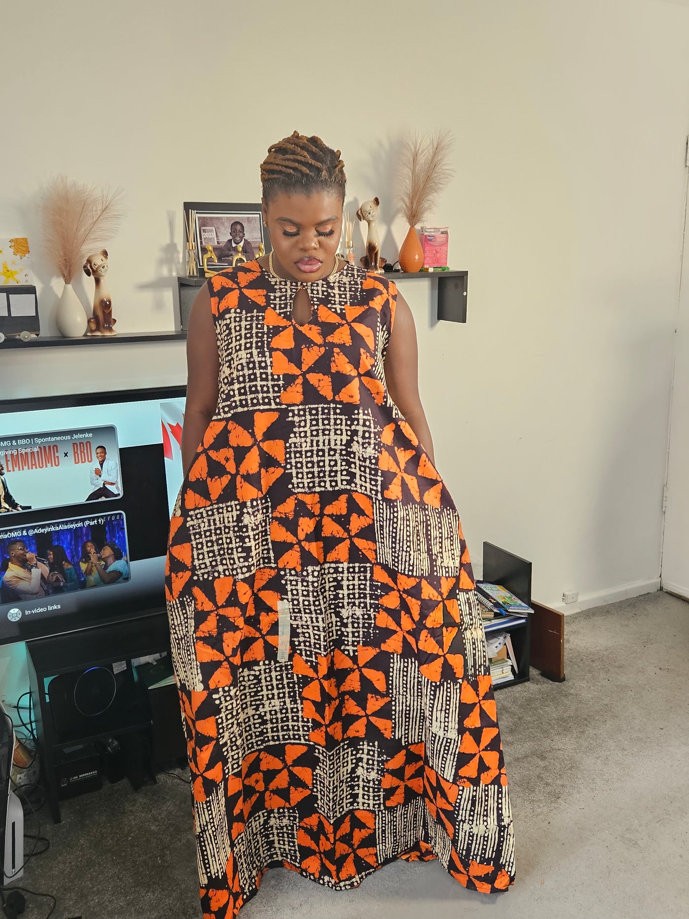 HALIMA MAXI AFRICAN PRINT A-SHAPE DRESS (ORANGE)