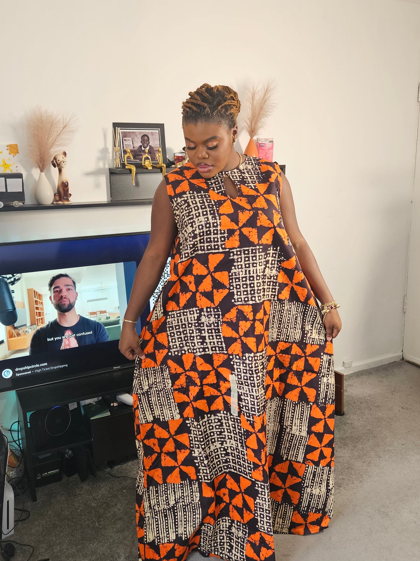 HALIMA MAXI AFRICAN PRINT A-SHAPE DRESS (ORANGE)