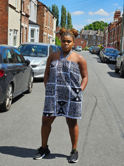 IKE AFRICAN PRINT PLAYSUIT (GRAY & BLACK)